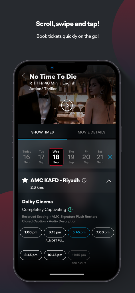 AMC Cinemas KSA - AMC Cinemas KSA mobile app interface showing movie showtimes and booking options for No Time To Die in Riyadh