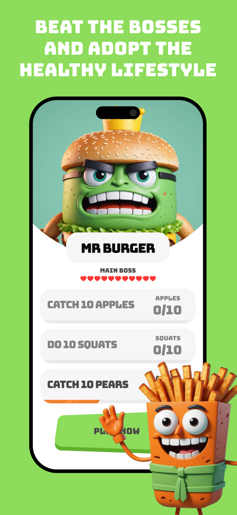 FitKid: Exercises For Kids - Pantalla de la aplicación FitKid que presenta la batalla contra el jefe Sr. Hamburguesa y desafíos de fitness para niños.