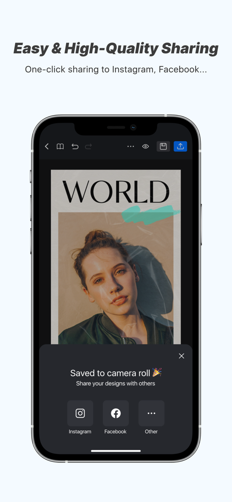 Flow Studio: AI Photo & Design - InstagramとFacebookへのワンクリック共有オプションを表示するFlow Studioモバイルアプリのインターフェース