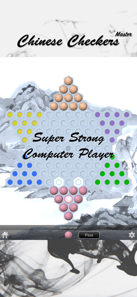 Chinese Checkers Master gameplay showing the strong computer player AI on a traditional star-shaped board with colorful marbles.