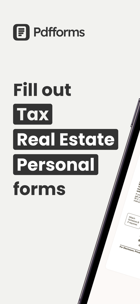 PDFフォームフィラーアプリのプロモーション画面。税金および不動産フォームへの記入能力を強調しています。