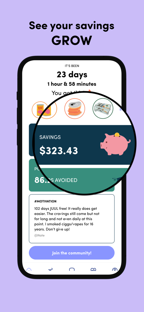 Escape the Vape - Quit Vaping - Painel do aplicativo móvel mostrando 23 dias desde que parou de vaporizar e 323 dólares economizados com um ícone de cofrinho