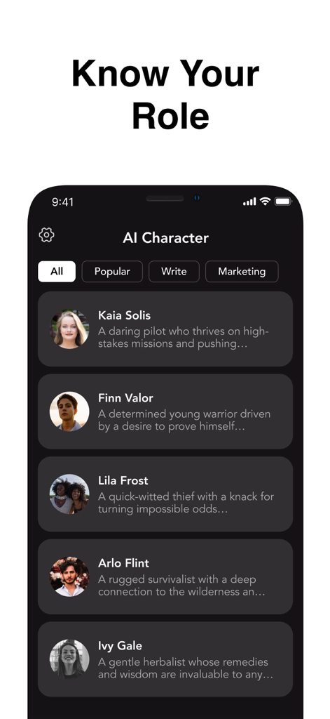 G.AI 4.1 —AI Chatbot Assistant - Tela de seleção de personagens de IA com diferentes personas e funções para interação de chat