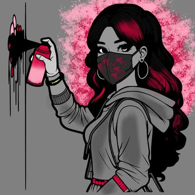 realistic girl with mask spray painting a wall