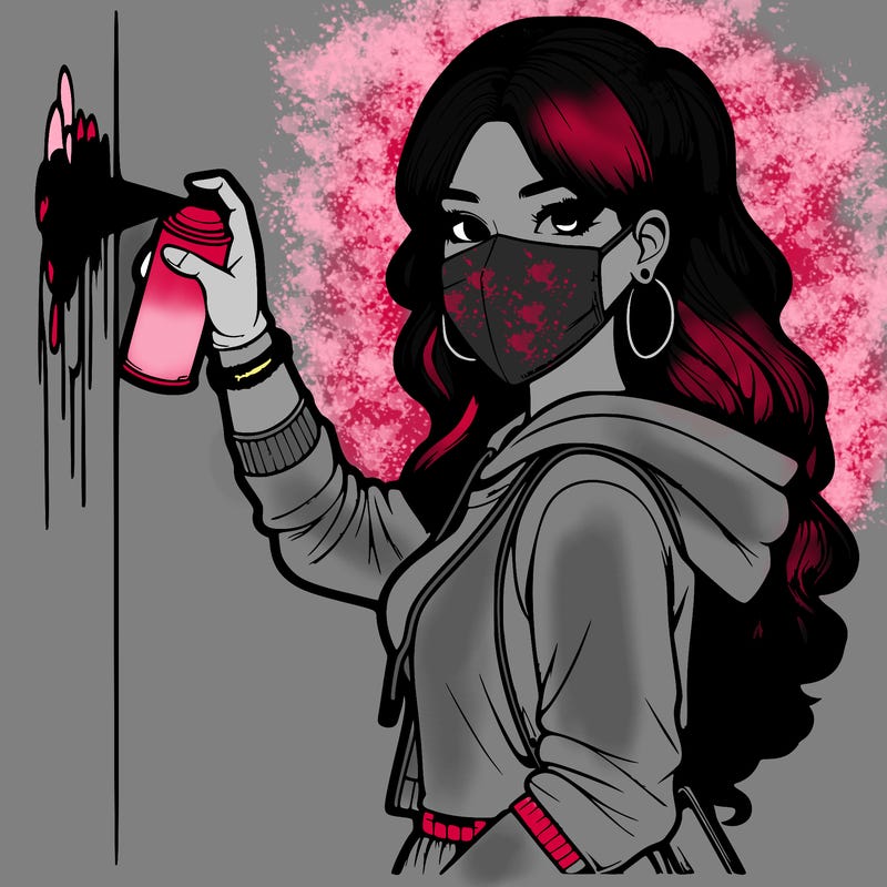 realistic girl with mask spray painting a wall