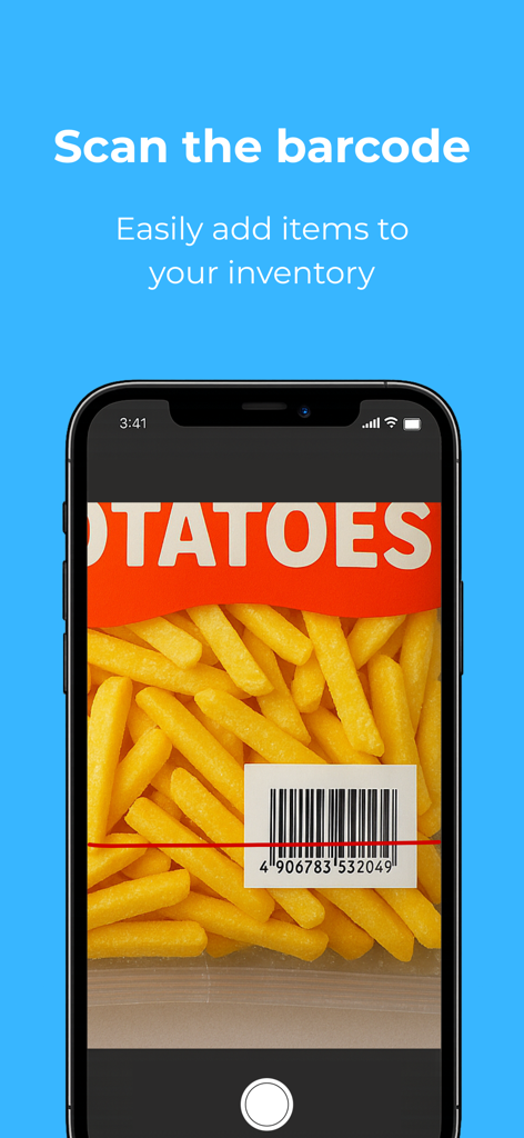 A smartphone scanning a barcode on a bag of frozen potatoes to add it to the freezer inventory tracker