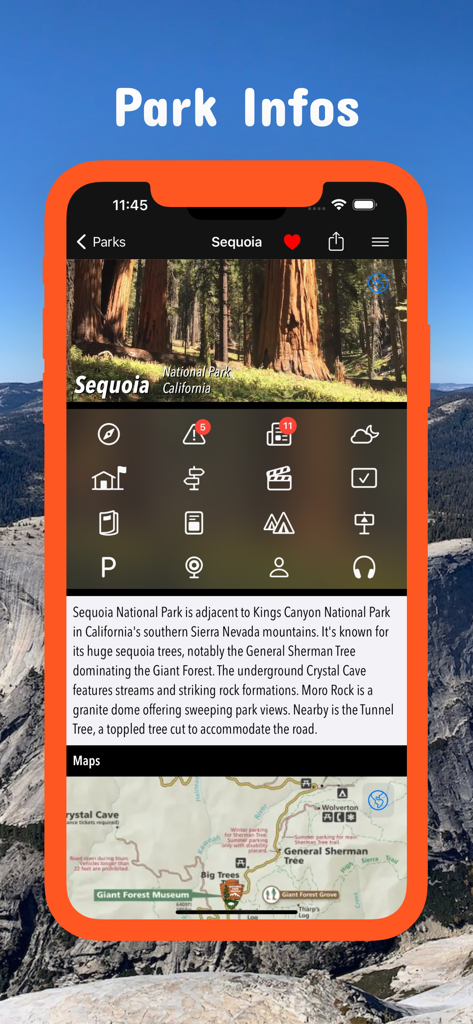 세쿼이아 국립공원 정보와 지도를 표시하는 캘리포니아 포켓 지도 앱.