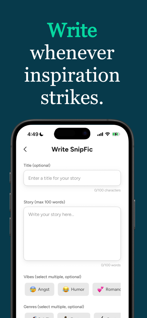 SnipFic - La interfaz de escritura de la aplicación SnipFic donde los usuarios pueden crear historias de menos de 100 palabras.