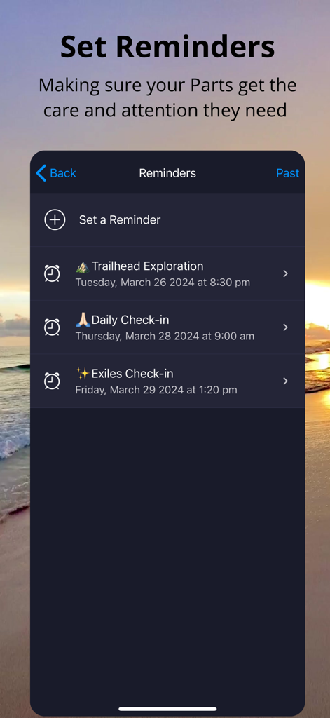 IFS Guide - A screenshot of the IFS Guide app reminders screen with options for daily check-ins and trailhead exploration