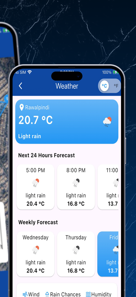 Pantalla del pronóstico del tiempo que muestra la temperatura actual y el pronóstico semanal en la aplicación Calculadora de Área GPS Mapas en Vivo.