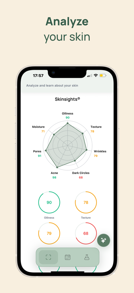Skinsight AI: Korean Skincare - Skinsight AI app interface displaying a radar chart of skin health metrics and analysis scores