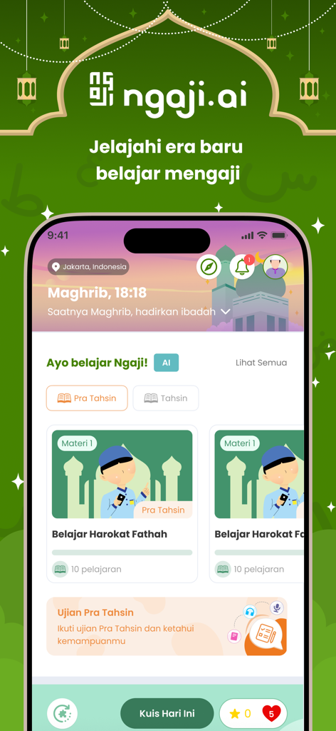 Interface of the ngaji.ai app showing Quranic recitation lessons and prayer times.