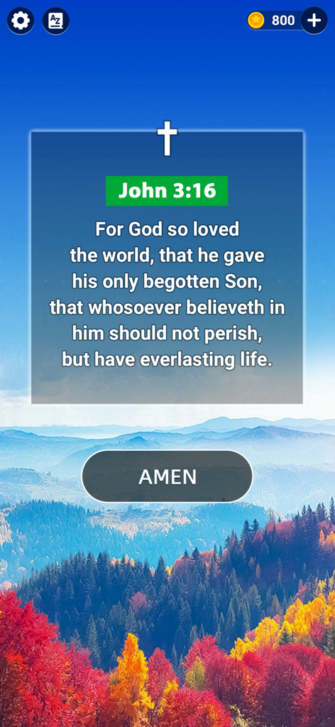 Holyscapes - Bible Word Game - Bible verse John 3 16 displayed over a scenic mountain landscape in the Holyscapes app.