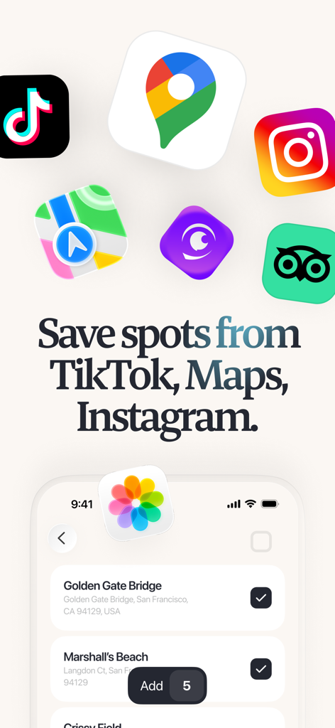 Placify - Map & Trip Planner - Placify app screenshot showing integration to save locations from TikTok Instagram and Google Maps