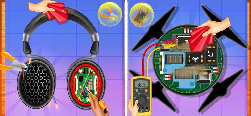 Electronics Repair Master - Pantalla dividida que muestra la jugabilidad de reparación de auriculares y una placa de circuito de dron con herramientas como un multímetro y un cortacables.