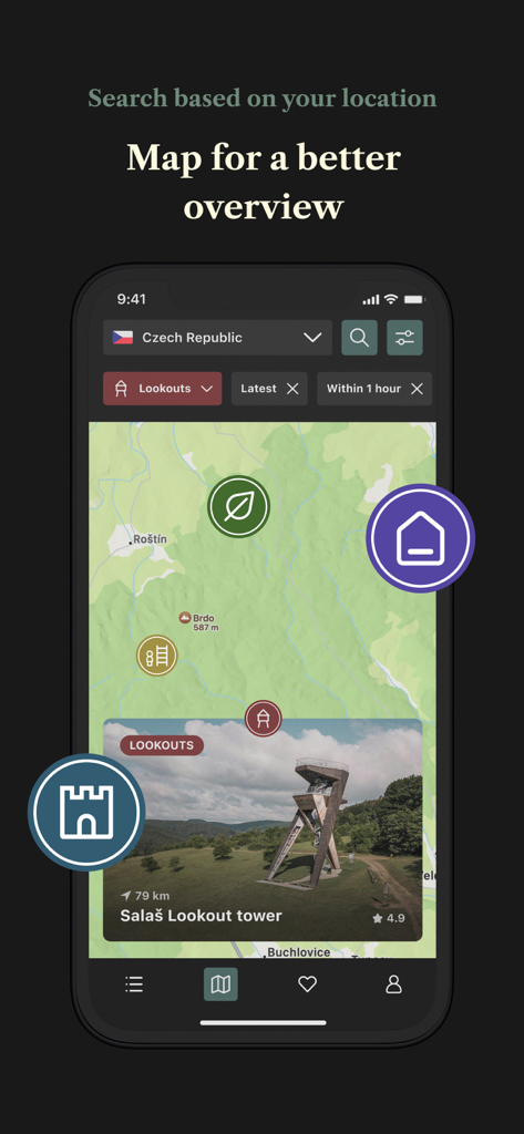 Kartenansicht in der Placehunter App, die kuratierte Reiseziele und einen Aussichtsturm in der Tschechischen Republik anzeigt