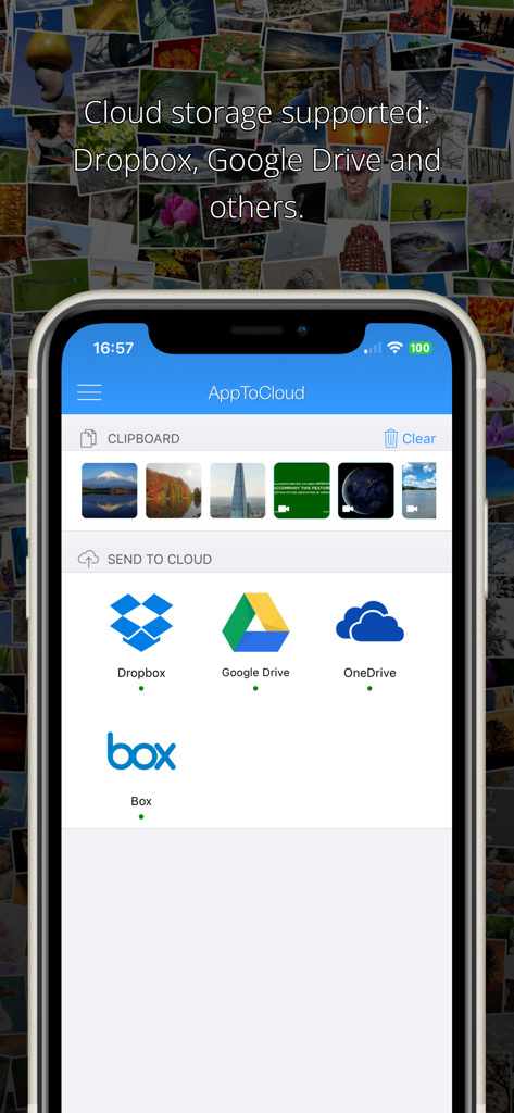 AppToCloud - Copy My Data - Interfaz de AppToCloud mostrando opciones para transferir multimedia del portapapeles a Dropbox, Google Drive y OneDrive