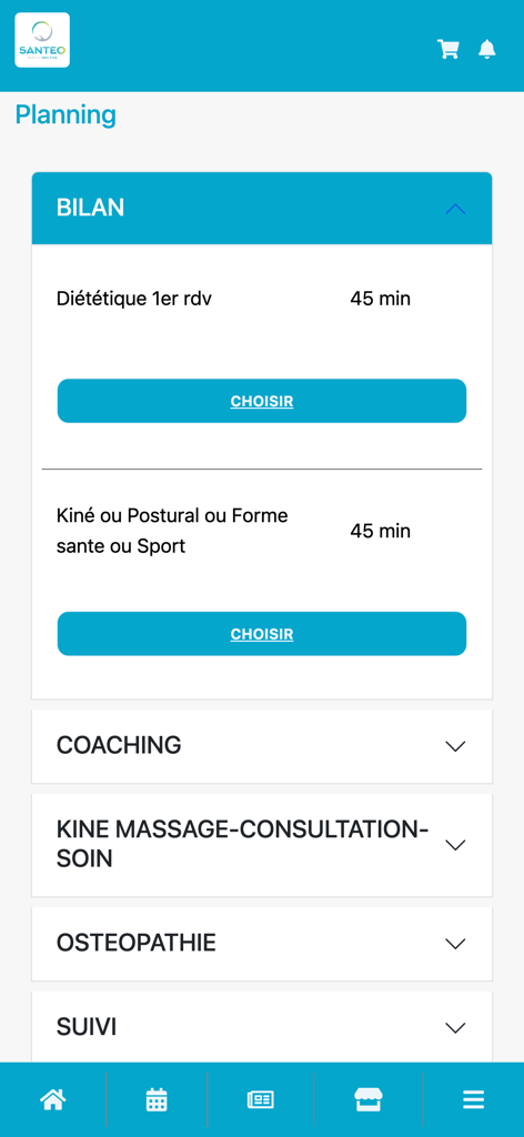 SANTEO - Sport Santé Bien-être - Der Planungs- und Buchungsbildschirm der SANTEO-App mit verschiedenen Wellness-Dienstleistungen, darunter Physiotherapie, Osteopathie und Coaching-Optionen.