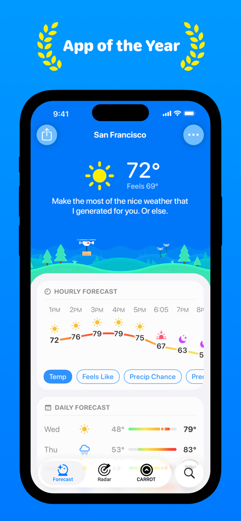 iPhone screenshot of CARROT Weather app showing a sunny forecast for San Francisco and its App of the Year award