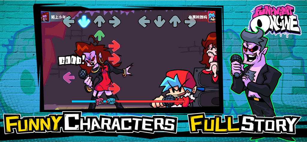 FNF PvP mobile game screenshot showing a rhythm battle with arrows and characters