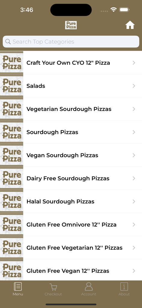 Pure Pizza - Pure Pizza app menu displaying various pizza categories including sourdough, vegan, and gluten-free options