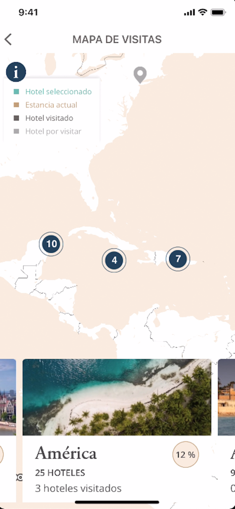 Iberostar The Club - Iberostar The Club app visit map showing hotel locations in America and visitor stats