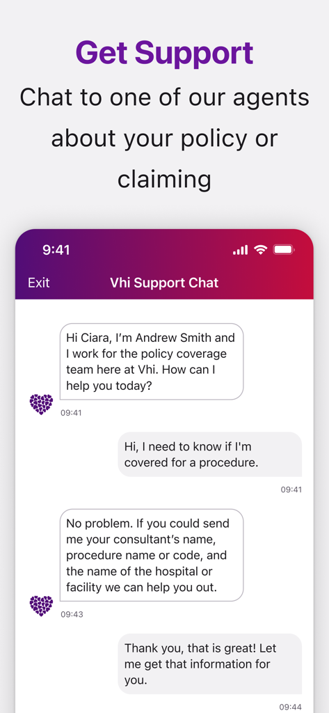 Vhi mobile app support chat interface showing a conversation with a policy advisor