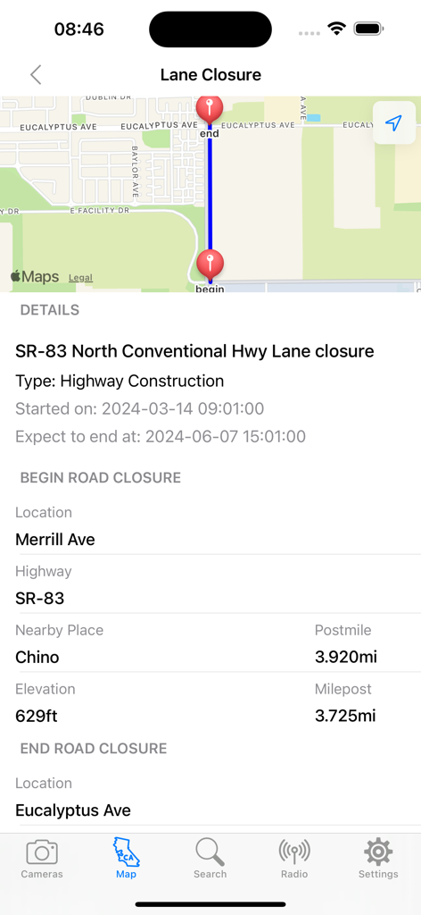 Live Traffic Cameras in CA - Detailed information and map for a highway lane closure in California.