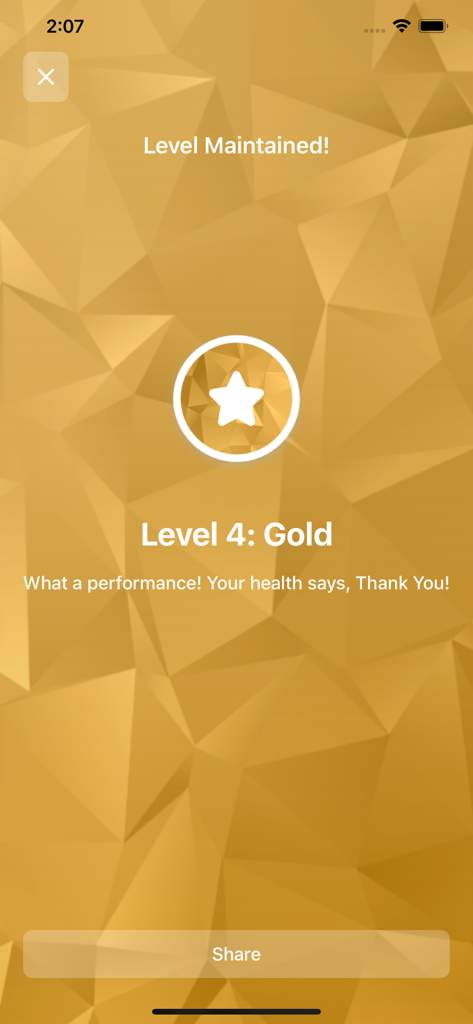 Jims Coaching - Jims Coaching App-Bildschirm, der eine Gold-Leistung auf Level 4 mit einem Stern-Symbol und einer Teilen-Schaltfläche anzeigt.