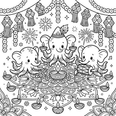 Experience a truly unique fusion as cute Dumbo Octopuses celebrate the vibrant Diwali Festival of Lights. This charming coloring page is bursting with festive details, perfect for sparking joy.
