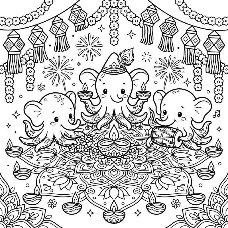 Experience a truly unique fusion as cute Dumbo Octopuses celebrate the vibrant Diwali Festival of Lights. This charming coloring page is bursting with festive details, perfect for sparking joy.
