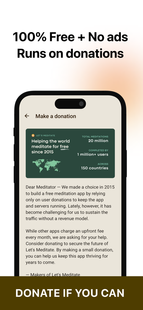 Let's Meditate - Relax & Sleep - Donation page of the Let's Meditate app showing its free and ad-free model supported by users.