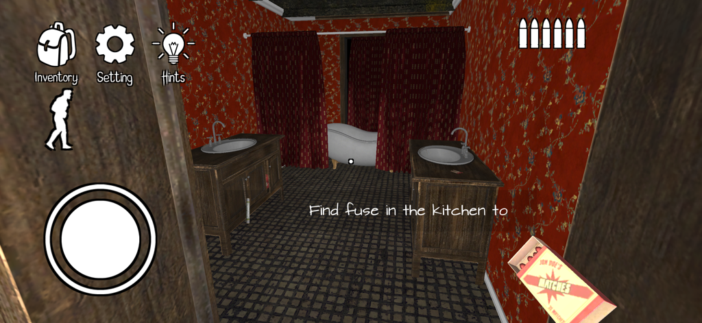 A first-person view of a creepy bathroom with red floral wallpaper and game objectives in Horror Clown