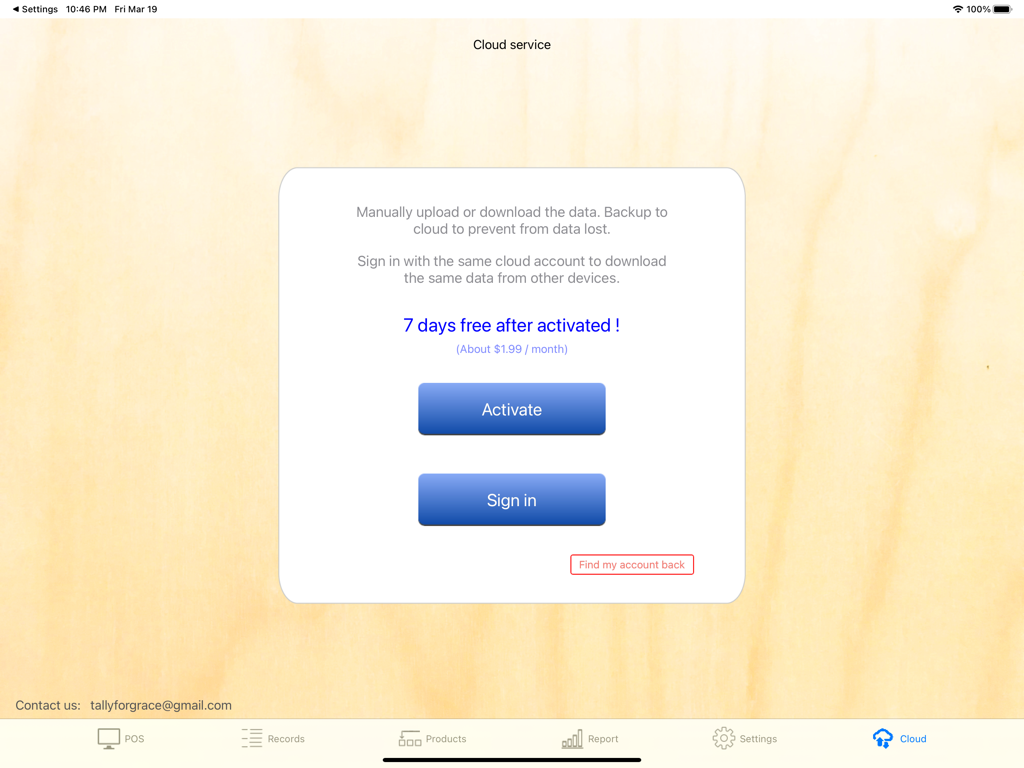 POS S Pro cloud service interface on iPad showing data backup activation and sign in options