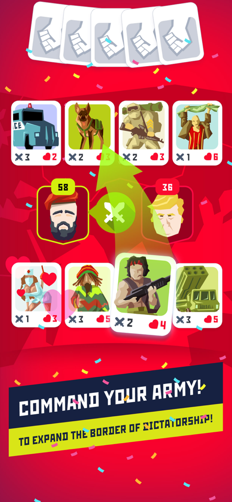 Écran de bataille de cartes stratégique dans le jeu politique Dictator 2 montrant des cartes d'unités et un combat tactique entre dirigeants opposés