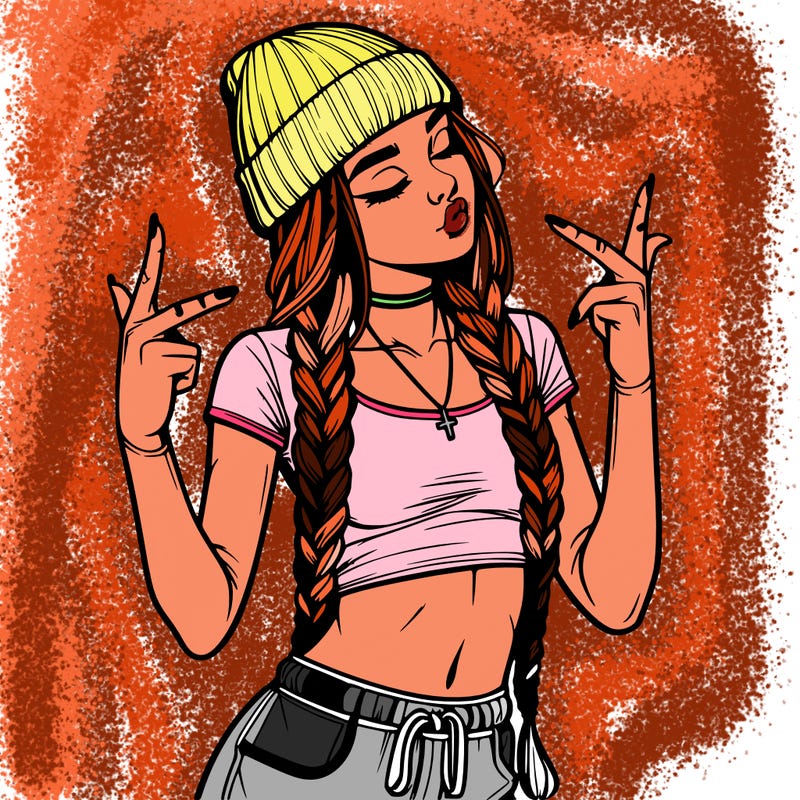 realistic teenage girl with braids and a beanie and crop top doing 🫶🏼
