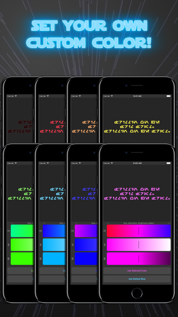 Interfaccia dell'app Aurebesh IO che mostra vari colori del testo e cursori di regolazione del colore.