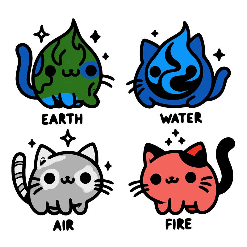 4 cats that represent the different elements, earth, water, air, and fire