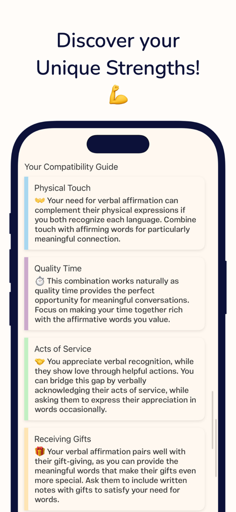 Pantalla de guía de compatibilidad de relaciones en la App de Prueba de Lenguajes del Amor que muestra consejos para diferentes lenguajes del amor como el contacto físico y el tiempo de calidad.