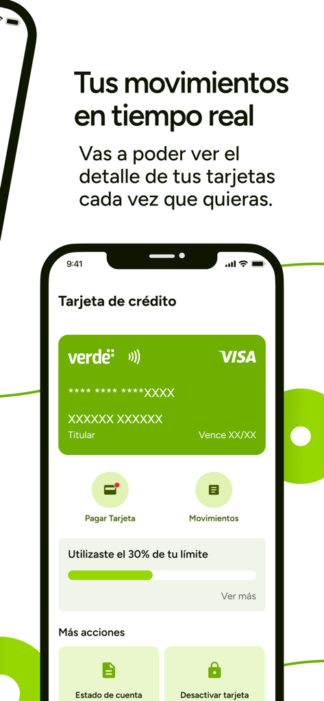Verde FUCAC - Pantalla de la app móvil que muestra una tarjeta de crédito Visa virtual verde y opciones de gestión de cuenta.