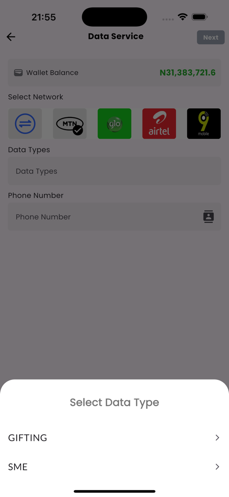 Maskawasub - Mobile app interface for selecting data network and subscription type for phone top ups
