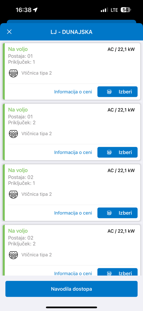 Mobile app interface displaying available electric vehicle charging stations with power specifications