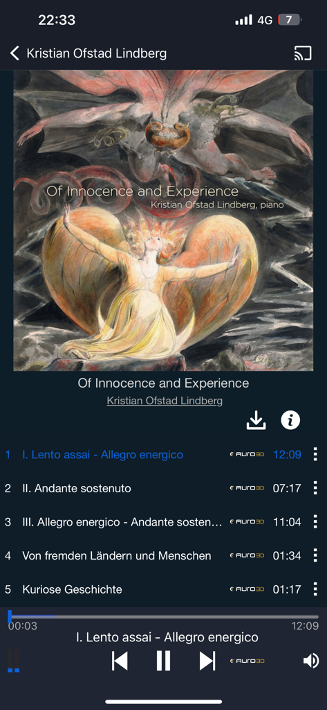 Pure Audio Streaming - Music player screen of the Pure Audio Streaming app featuring AURO-3D classical recordings.