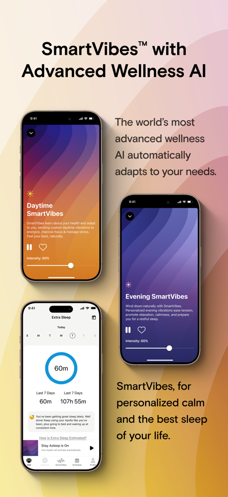 Interface de l'application Apollo Neuro montrant l'IA SmartVibes pour un soulagement personnalisé du stress et un suivi du sommeil