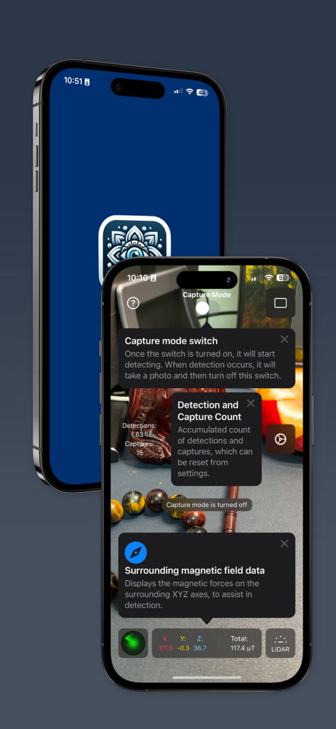 Ghost Detector: Haunted Radar - Um smartphone mostrando a interface do aplicativo Ghost Detector com dados do sensor de EMF e recursos do modo de captura de espírito