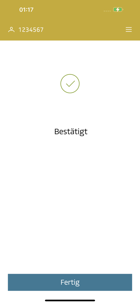 DVAG Login - Ein Bestätigungsbildschirm in der DVAG Login App mit einem grünen Häkchen und der Nachricht 'bestätigt'