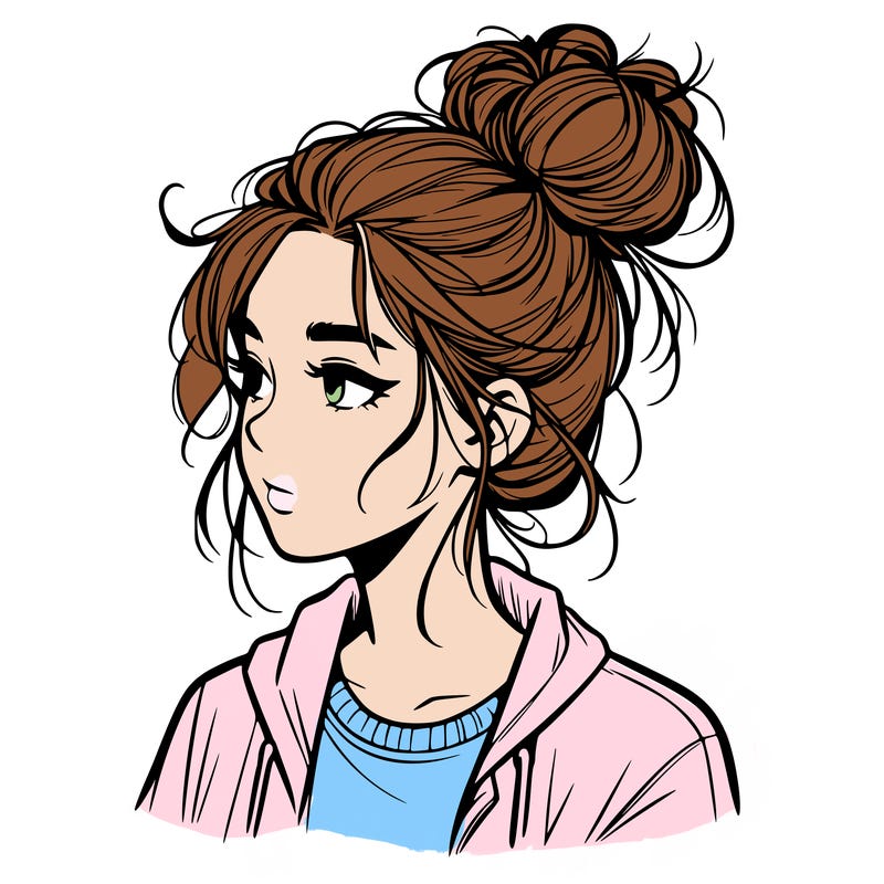 realistic teenage girl with a messy bun