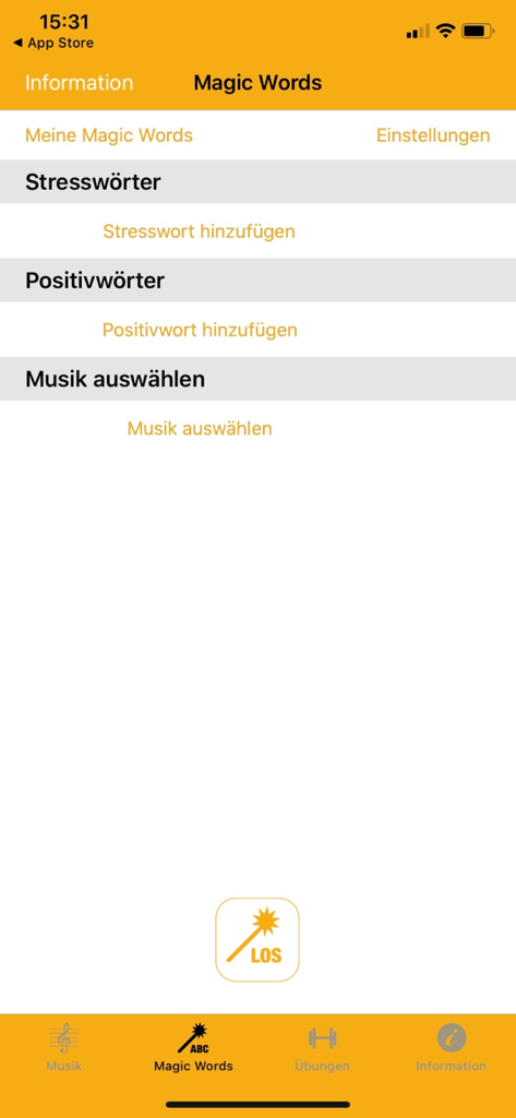 A interface Palavras Mágicas do aplicativo wingwave para redução de estresse e treinamento mental positivo.