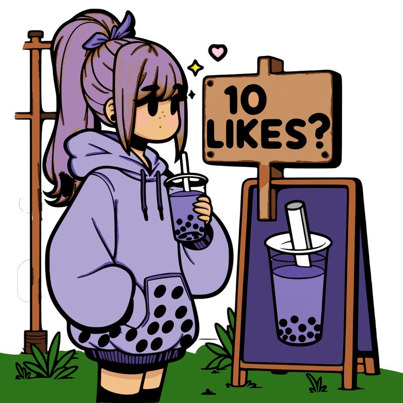girl with oversized hoodie drinking boba and she has a high ponytail with a sign that says 10likes?
