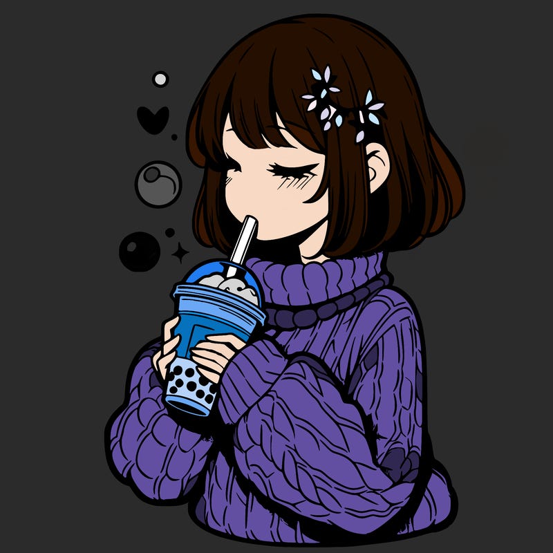 manga girl drinking boba in cozy sweater